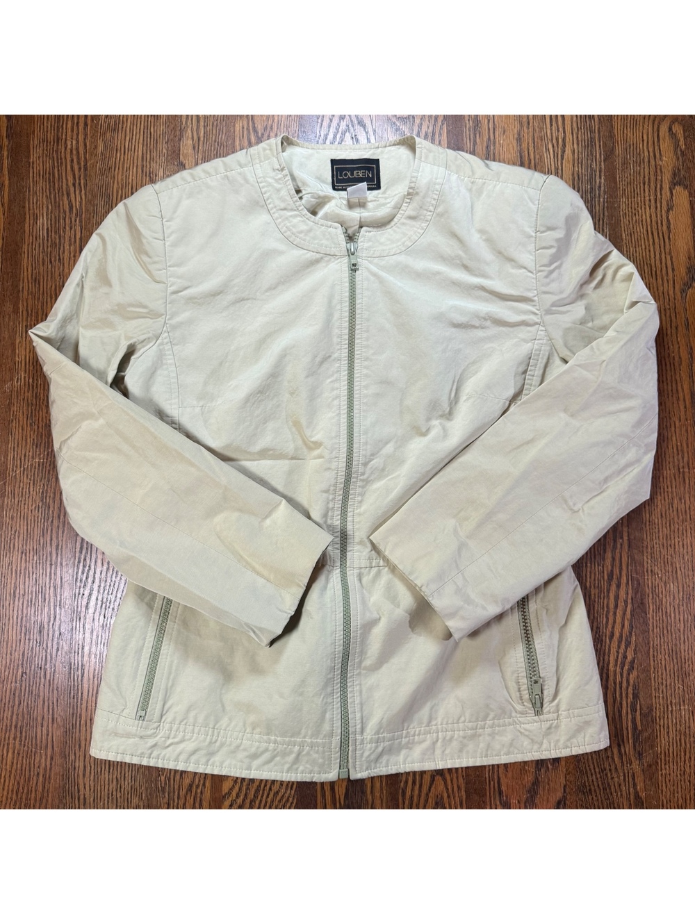 Louben Cream Light Green Zip Up Jacket Round Neck Size 10